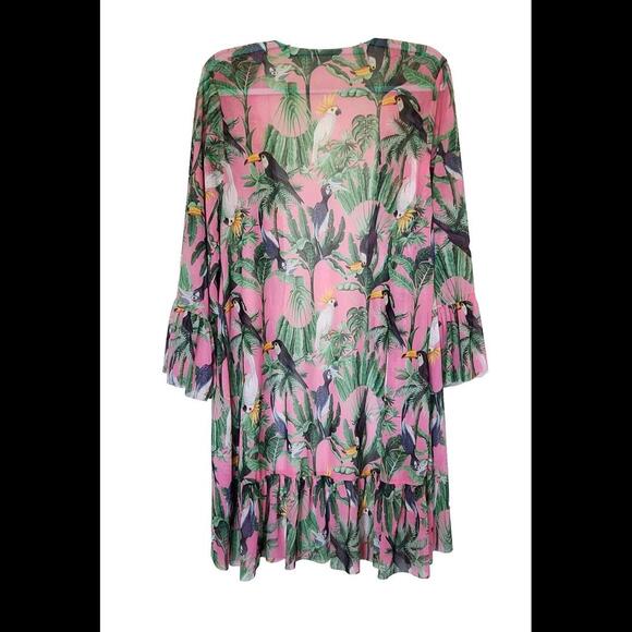 Pink Toucan Swimsuit Cover Up Beach Summer Large Open Front Bell Sleeves - Picture 2 of 5